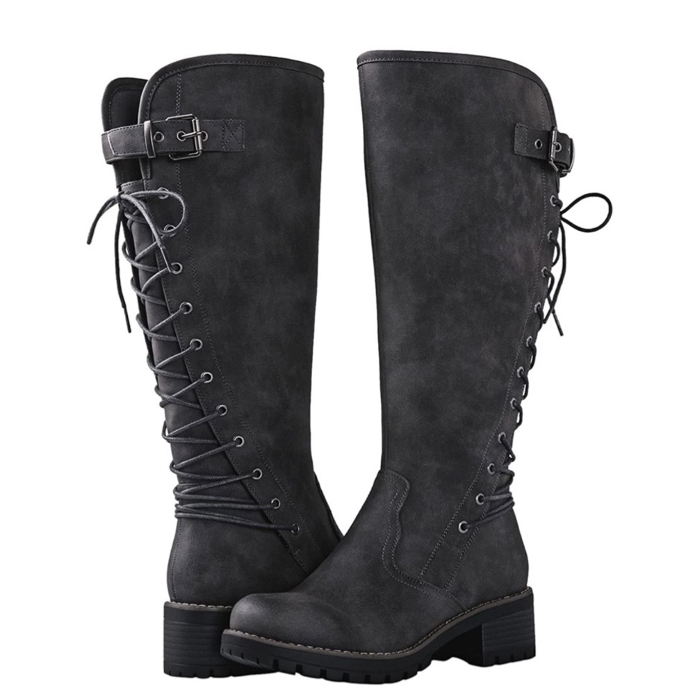 Lace Up Back Knee High Fashion Boots Vegan Leather